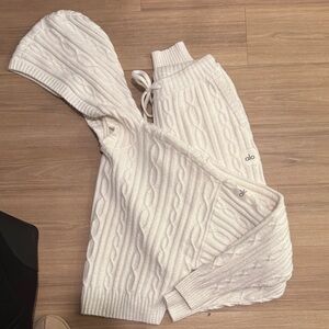 ALO Yoga White Cable Knit Hoodie and Joggers Set